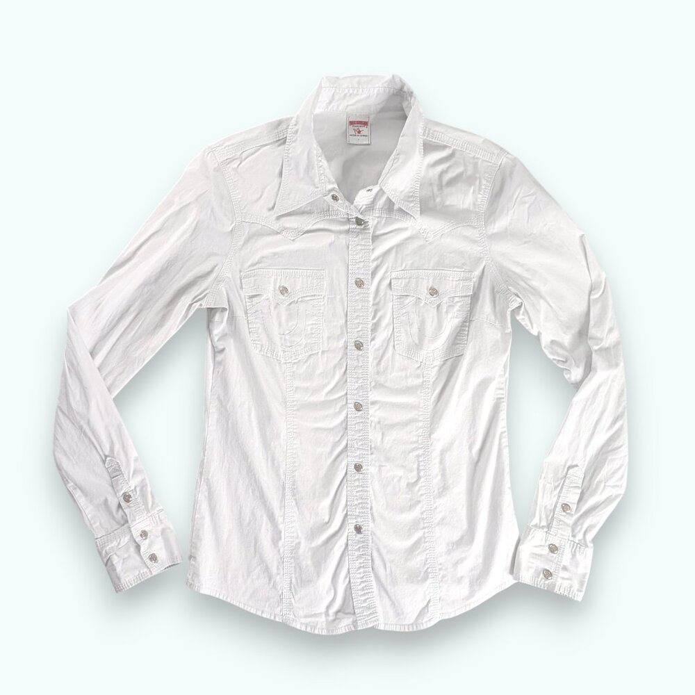 True Religion White Long Sleeve Metal Snap Up Silver Studded Western Collar Top